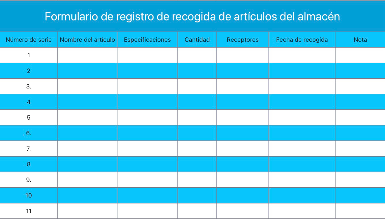 Formulario de registro de recogida de artículos del almacén
